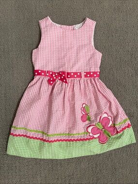 🩷 Rare Editions 4T Girls Pink Gingham Butterfly Dress with Green Trim
